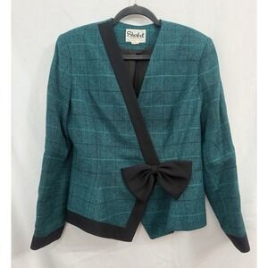 VTG 80's Sherbet Teal Black Plaid Blazer Jacket‎ with Black Bow Womens Size 12